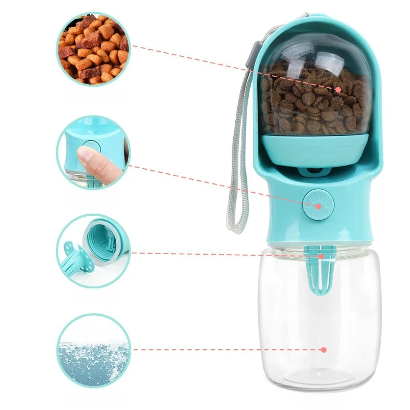 Portable Pet Water Bottle With Built-In Food Container